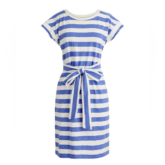 J.Crew Short-Sleeve Tie Waist Tee Shirt Dress in Cool Lilac Ivory Stripe - Picture 1 of 8